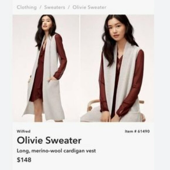 Aritzia Wilfred | Olivie long, merino-wool cardigan vest in Camel - Picture 2 of 10